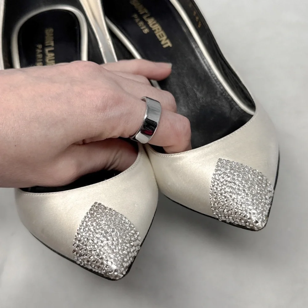 Saint Laurent Tower 110 Strass Embellished Silk Satin Pointed Toe Pump Heel 36.5